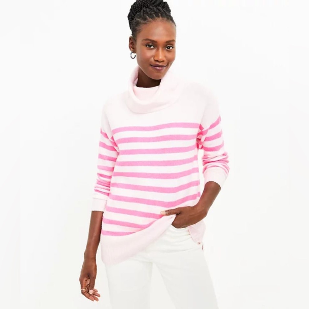 LOFT Stripe Cowl Neck Tunic Sweater Pink Size XL